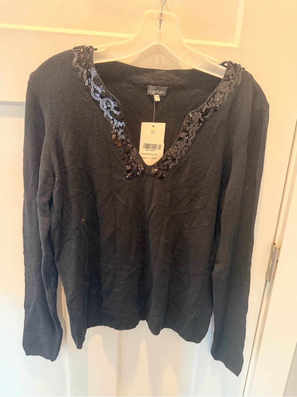 NWT Idem Collection Black Sequin V-Neck Sweater Womens Large Viscose Italian